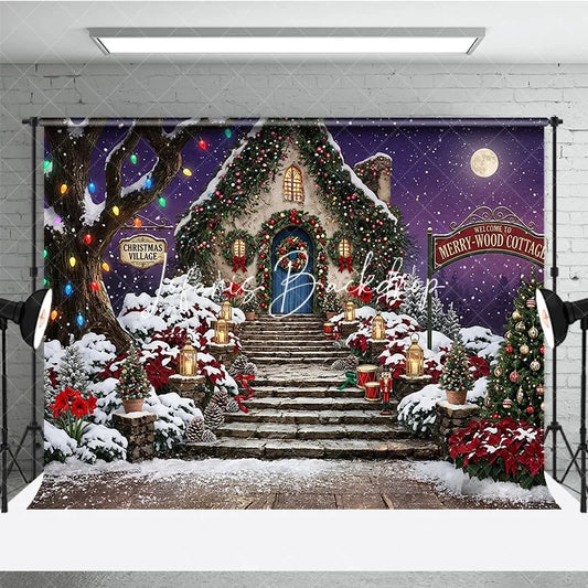 Lofaris Magical Christmas Village Holiday Backdrop with Snow Decorated Cottage and Festive Lights Winter Party Decor