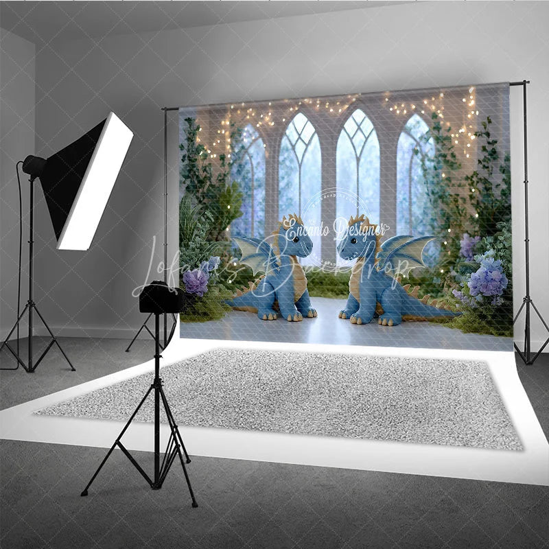 Lofaris Magical Dragon Cake Smash Photo Booth Backdrop Fairytale Castle with String Lights Kids Birthday Background