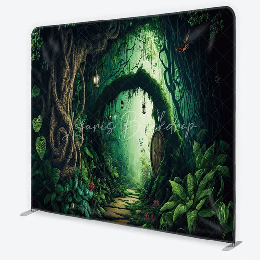 Lofaris Magical Enchanted Forest Archway Square Double-Sided Backdrop Whimsical Wooden Door and Lush Greenery Decor