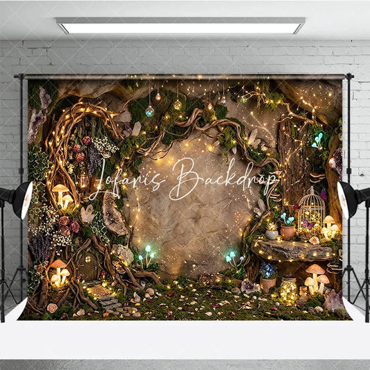 Lofaris Magical Enchanted Forest Photography Backdrop with Sparkling Fairy Lights Glowing Mushrooms and Whimsical Cave Door