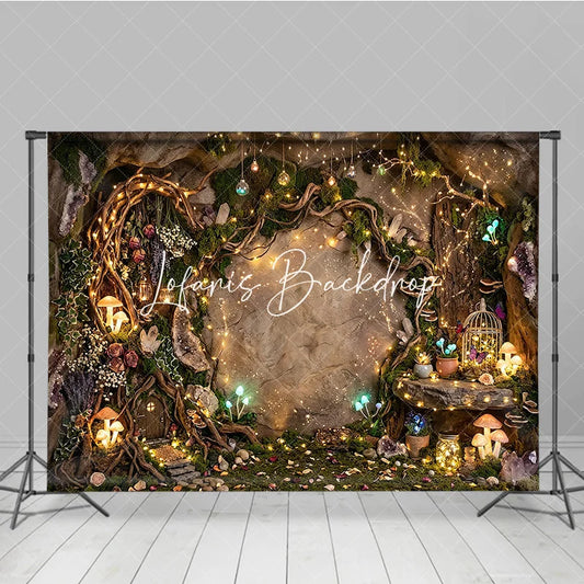 Lofaris Magical Enchanted Forest Photography Backdrop with Sparkling Fairy Lights Glowing Mushrooms and Whimsical Cave Door