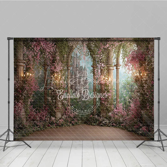 Lofaris Magical Enchanted Garden Fairytale Castle Photography Backdrop Pink Flowers and Stone Arch Columns