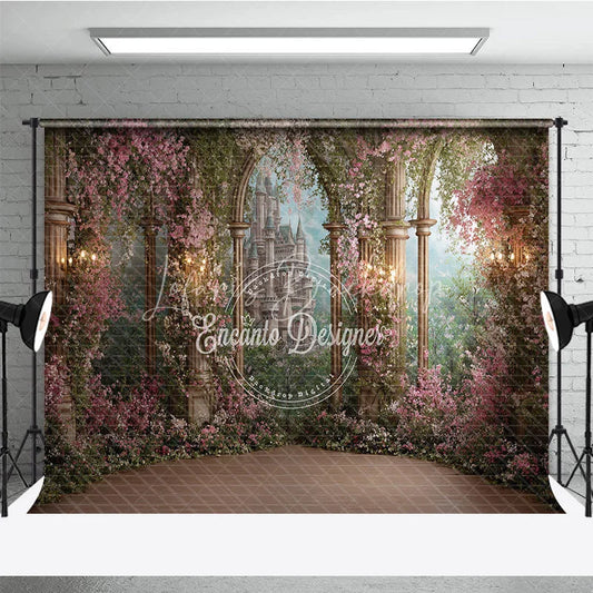 Lofaris Magical Enchanted Garden Fairytale Castle Photography Backdrop Pink Flowers and Stone Arch Columns