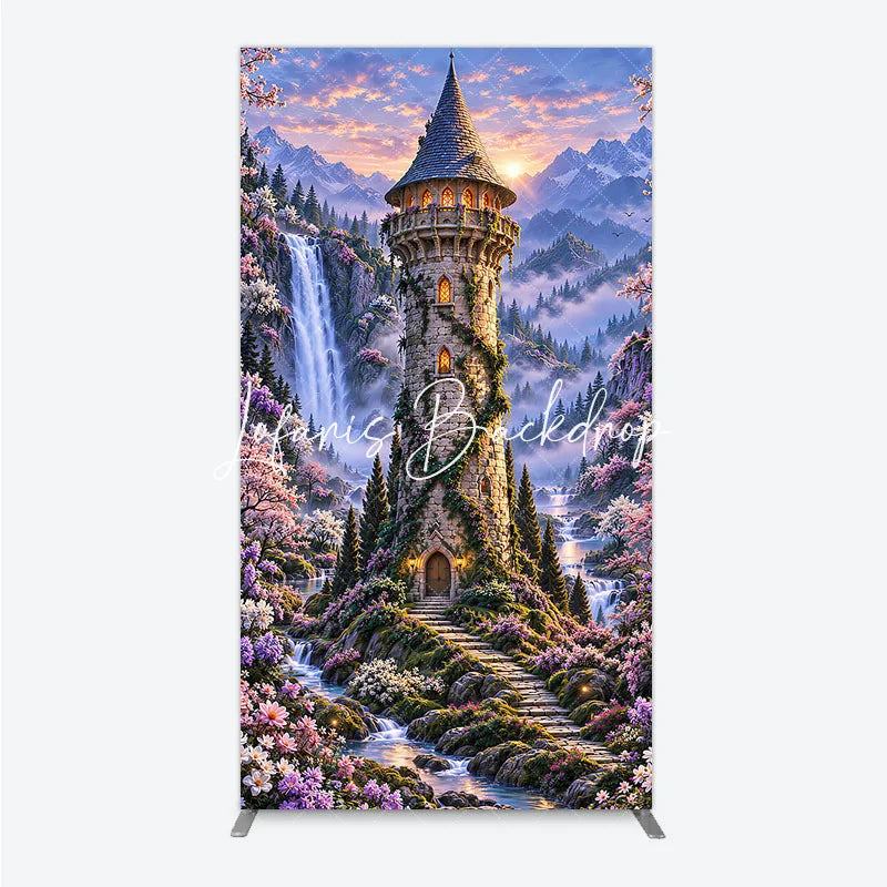 Lofaris Magical Fairy Tale Castle and Waterfall Rectangle Arch Backdrop Enchanted Forest with Cherry Blossoms Sunset.