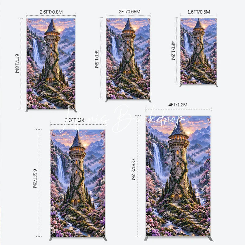 Lofaris Magical Fairy Tale Castle and Waterfall Rectangle Arch Backdrop Enchanted Forest with Cherry Blossoms Sunset.