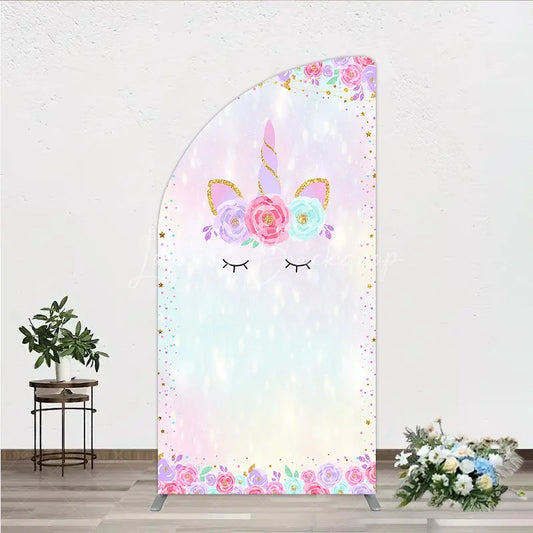 Lofaris Magical Pastel Unicorn Face Half Moon Arch Backdrop with Glitter Horn and Floral Crown Dreamy Birthday Party Decor