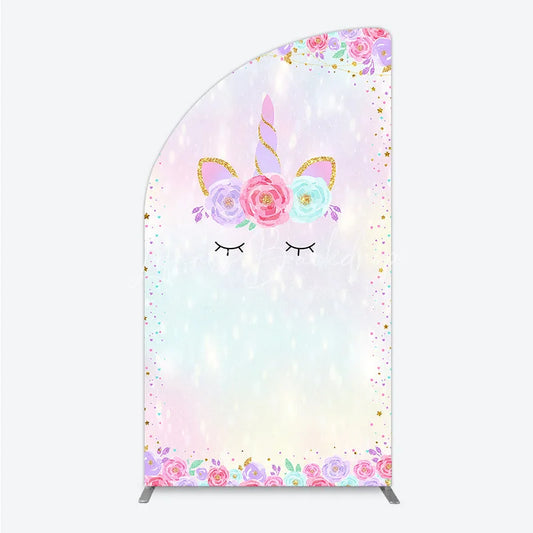 Lofaris Magical Pastel Unicorn Face Half Moon Arch Backdrop with Glitter Horn and Floral Crown Dreamy Birthday Party Decor
