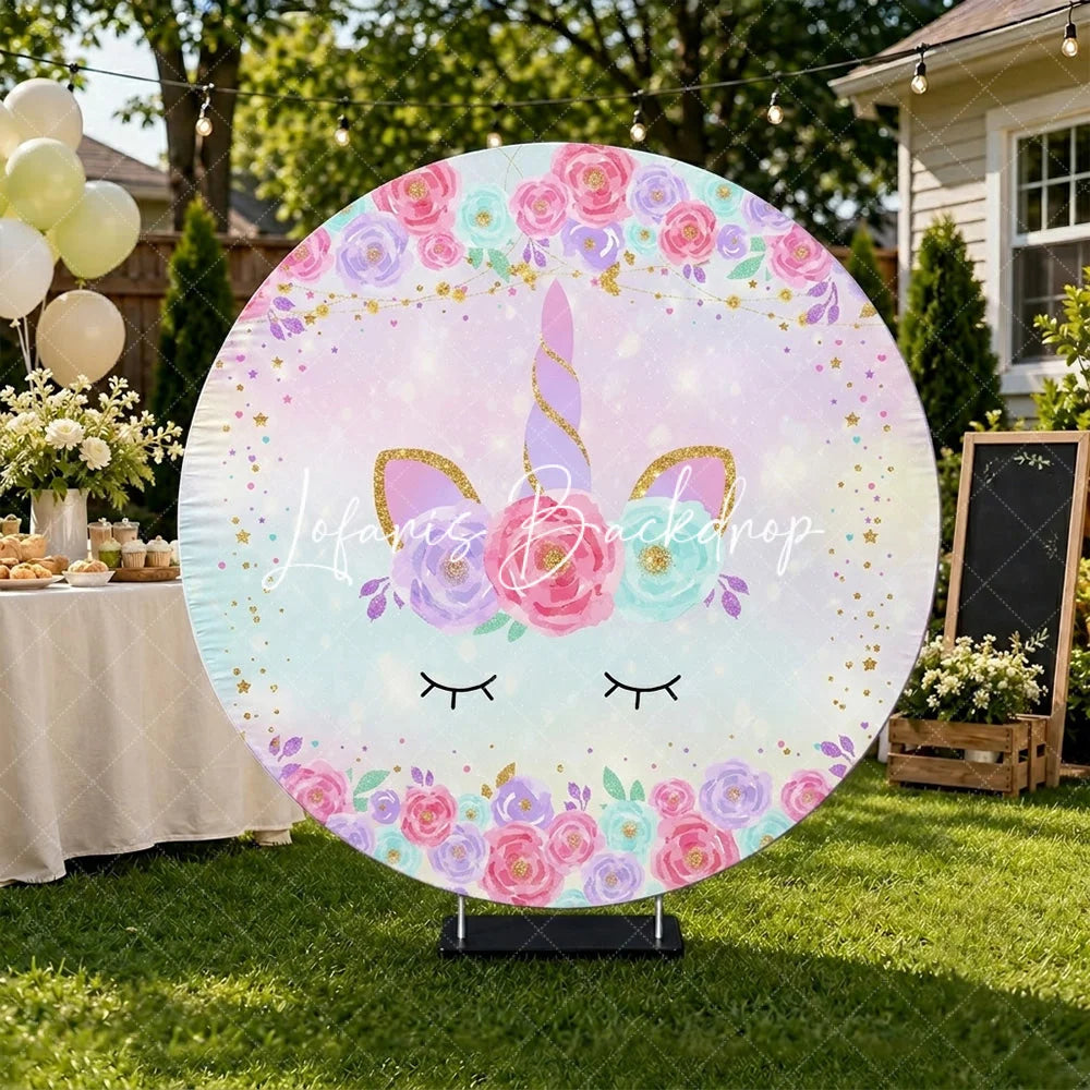 Lofaris Magical Pastel Unicorn Round Backdrop with Floral Wreath and Glitter Stars for Girls Birthday Party