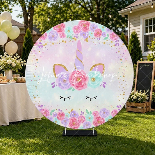 Lofaris Magical Pastel Unicorn Round Backdrop with Floral Wreath and Glitter Stars for Girls Birthday Party