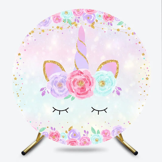 Lofaris Magical Pastel Unicorn Round Backdrop with Floral Wreath and Glitter Stars for Girls Birthday Party