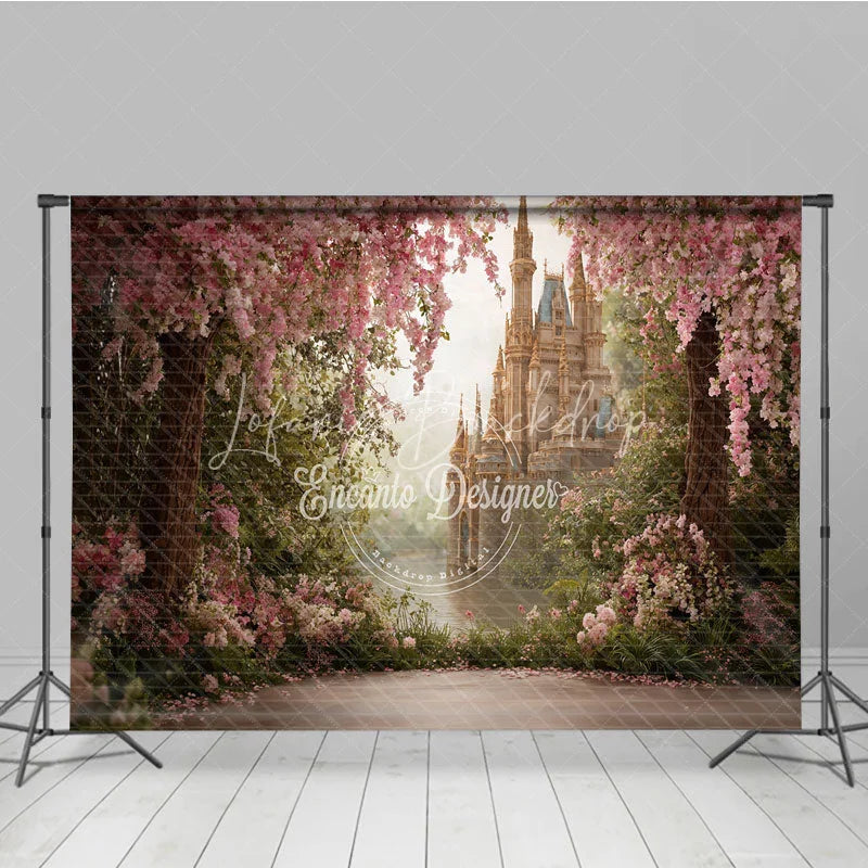 Lofaris Magical Pink Cherry Blossom Fairy Tale Castle Photography Backdrop Enchanted Garden Princess Birthday Party Decor
