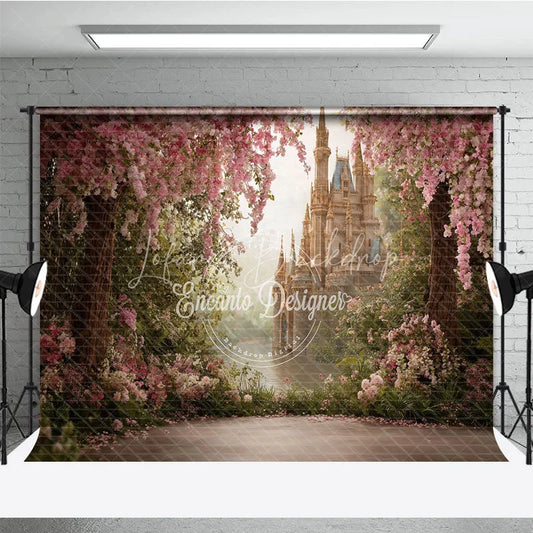 Lofaris Magical Pink Cherry Blossom Fairy Tale Castle Photography Backdrop Enchanted Garden Princess Birthday Party Decor