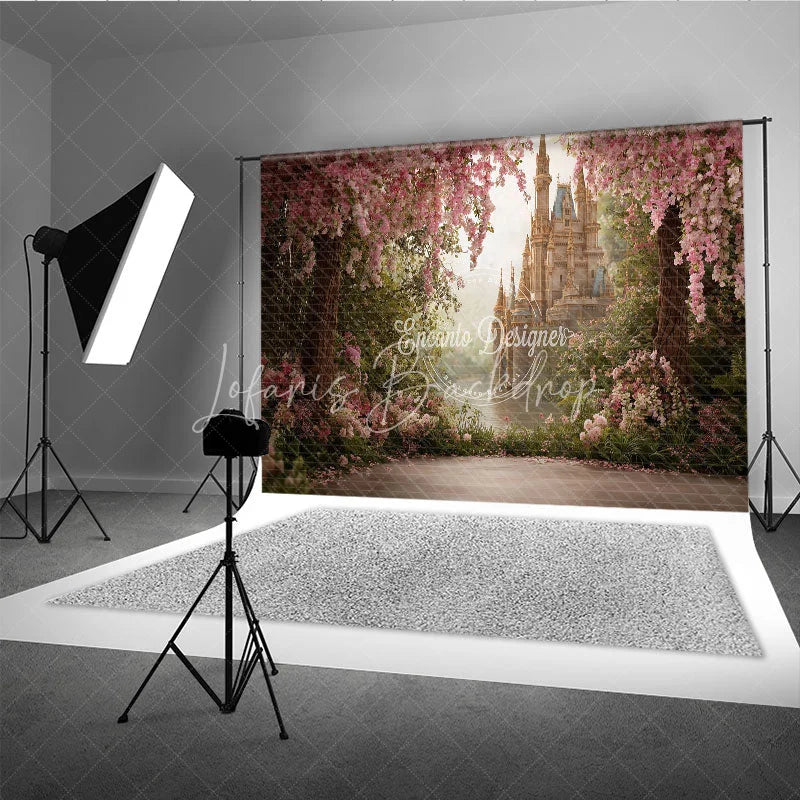 Lofaris Magical Pink Cherry Blossom Fairy Tale Castle Photography Backdrop Enchanted Garden Princess Birthday Party Decor