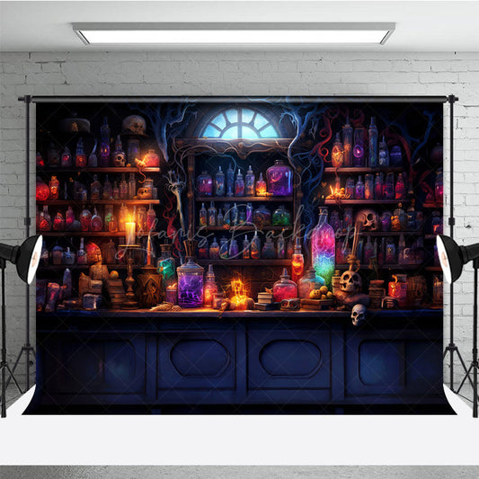 Lofaris Magical Potion Shop Photography Backdrop Wizard’s Lab with Glowing Bottles Fantasy Halloween Themed Studio