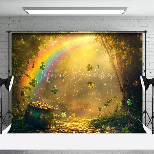 Lofaris Magical Rainbow and Pot of Gold Photography Backdrop featuring Sparkling Shamrocks an Enchanted Forest Path