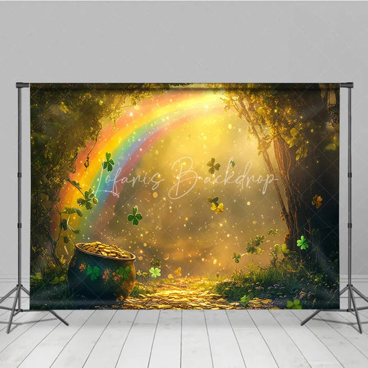 Lofaris Magical Rainbow and Pot of Gold Photography Backdrop featuring Sparkling Shamrocks an Enchanted Forest Path