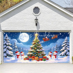 Lofaris Magical Snowy Christmas Tree and Snowmen Garage Door Banner Santa Sleigh Reindeer Holiday Decor.