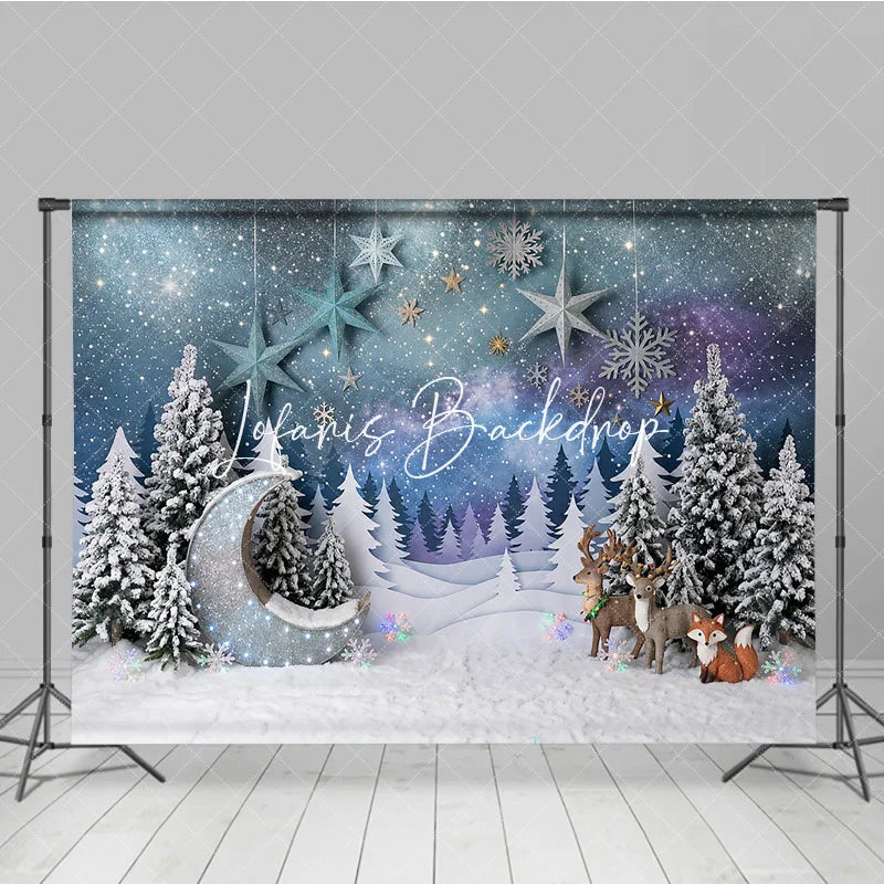 Lofaris Magical Snowy Forest Photography Backdrop with Glitter Moon Reindeer and Fox for Christmas Winter Holiday
