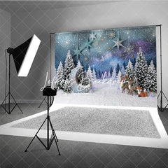 Lofaris Magical Snowy Forest Photography Backdrop with Glitter Moon Reindeer and Fox for Christmas Winter Holiday