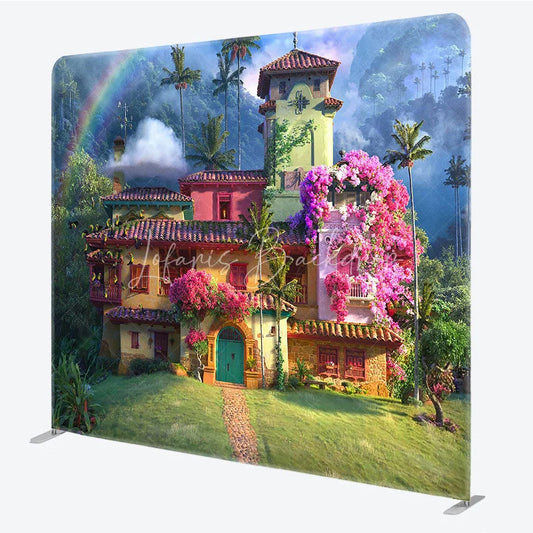 Lofaris Magical Tropical House Tension Fabric Backdrop Colorful Floral Villa Decoration Colombian Casita Background