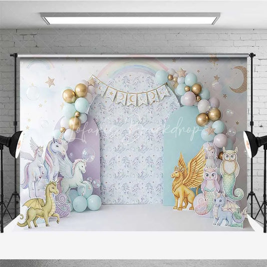Lofaris Magical Unicorn and Dragon Photography Backdrop Pastel Rainbow Birthday Banner
