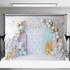 Lofaris Magical Unicorn and Dragon Photography Backdrop Pastel Rainbow Birthday Banner