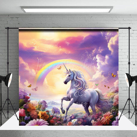 Lofaris Magical Unicorn Cake Smash Photography Backdrop Rainbow and Sunset Sky Enchanted Floral Meadow Photo Prop