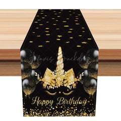 Lofaris Magical Unicorn Happy Birthday Table Runner with Black and Gold Glitter for Girls Fantasy Party Decor