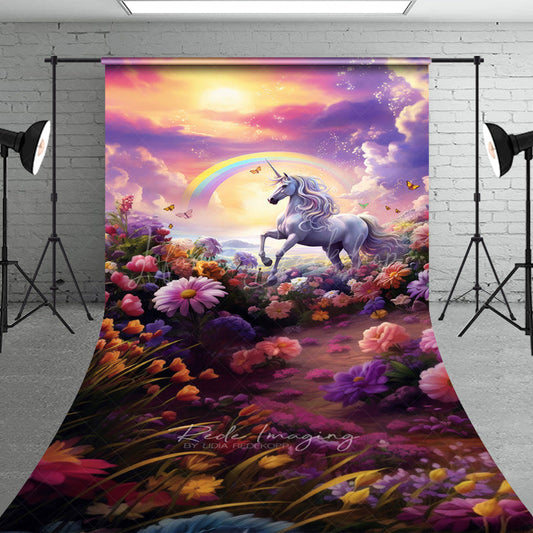 Lofaris Magical Unicorn Sweep Photo Backdrop for Cake Smash Rainbow and Sunset Enchanted Floral Meadow Prop