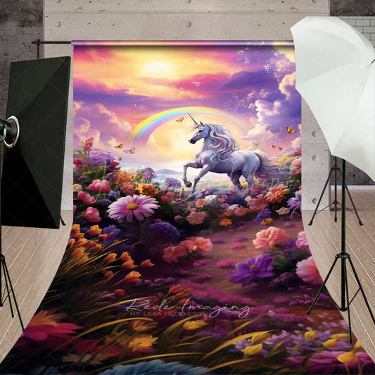 Lofaris Magical Unicorn Sweep Photo Backdrop for Cake Smash Rainbow and Sunset Enchanted Floral Meadow Prop