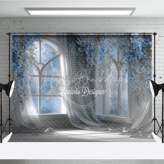 Lofaris Magical Wedding Window Backdrop Arch with Blue Flowers Sheer Curtains Photography Background Props