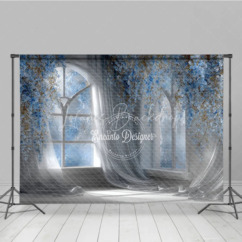 Lofaris Magical Wedding Window Backdrop Arch with Blue Flowers Sheer Curtains Photography Background Props