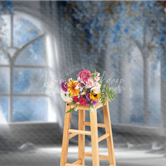 Lofaris Magical Wedding Window Backdrop Arch with Blue Flowers Sheer Curtains Photography Background Props
