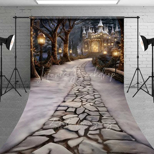 Lofaris Magical Winter Castle Sweep Backdrop Stone Path Street Lamps Fantasy Night Floor Photo Background