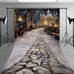 Lofaris Magical Winter Castle Sweep Backdrop Stone Path Street Lamps Fantasy Night Floor Photo Background