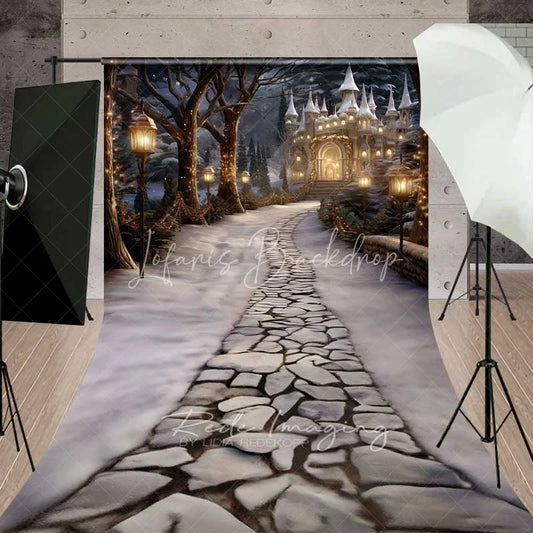 Lofaris Magical Winter Castle Sweep Backdrop Stone Path Street Lamps Fantasy Night Floor Photo Background