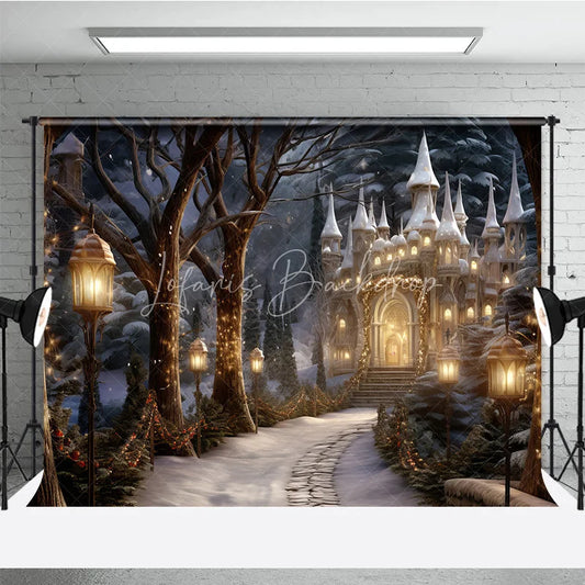 Lofaris Magical Winter Wonderland Castle Photography Backdrop Enchanting Snowy Forest Illuminated Lanterns and Festive Lights