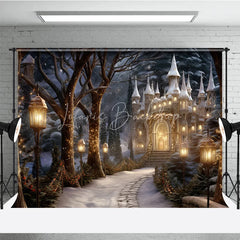 Lofaris Magical Winter Wonderland Castle Photography Backdrop Enchanting Snowy Forest Illuminated Lanterns and Festive Lights