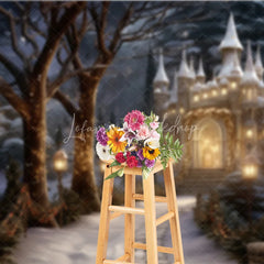 Lofaris Magical Winter Wonderland Castle Photography Backdrop Enchanting Snowy Forest Illuminated Lanterns and Festive Lights