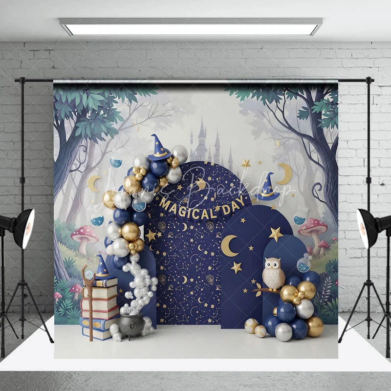 Lofaris Magical Wizard Arch Backdrop Navy Blue Moon and Stars Night Sky Photography Background for Birthday Party