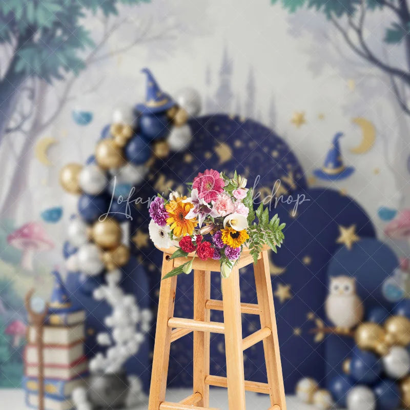 Lofaris Magical Wizard Arch Backdrop Navy Blue Moon and Stars Night Sky Photography Background for Birthday Party