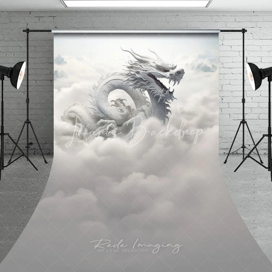 Lofaris Majestic White Dragon in Ethereal Clouds Sweep Backdrop Mystical Fantasy Mountain Scene Photography Background