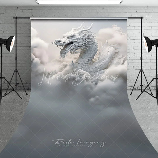 Lofaris Majestic White Dragon with Ethereal Clouds and Ancient Architecture Sweep Backdrop Mystical Fantasy Photography Decor
