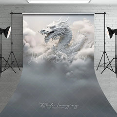 Lofaris Majestic White Dragon with Ethereal Clouds and Ancient Architecture Sweep Backdrop Mystical Fantasy Photography Decor