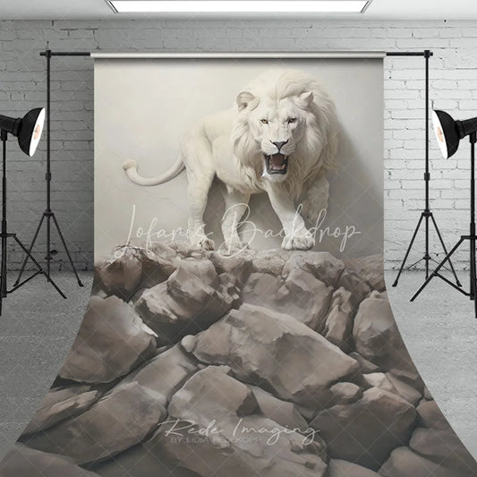 Lofaris Majestic White Lion Roaring on Cracked Wall and Rocky Terrain Sweep Backdrop Dramatic Wildlife Portrait Photography