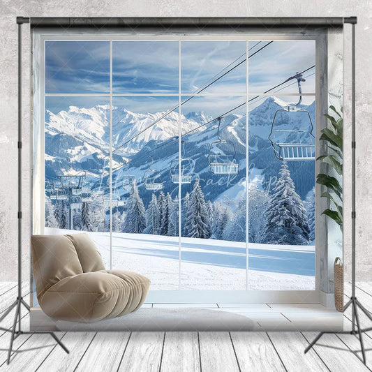 Lofaris Majestic Winter Mountain Photography Backdrop with Snowy Peaks and Ski Lifts Scenic Alpine Window View