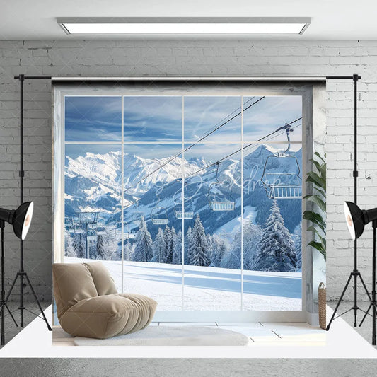 Lofaris Majestic Winter Mountain Photography Backdrop with Snowy Peaks and Ski Lifts Scenic Alpine Window View