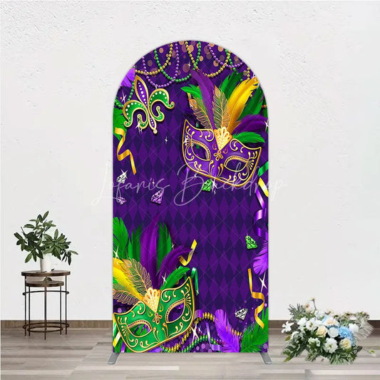 Lofaris Mardi Gras Masquerade Mask Arch Backdrop Kit Festive Carnival Party Decor Purple and Gold Feather Theme