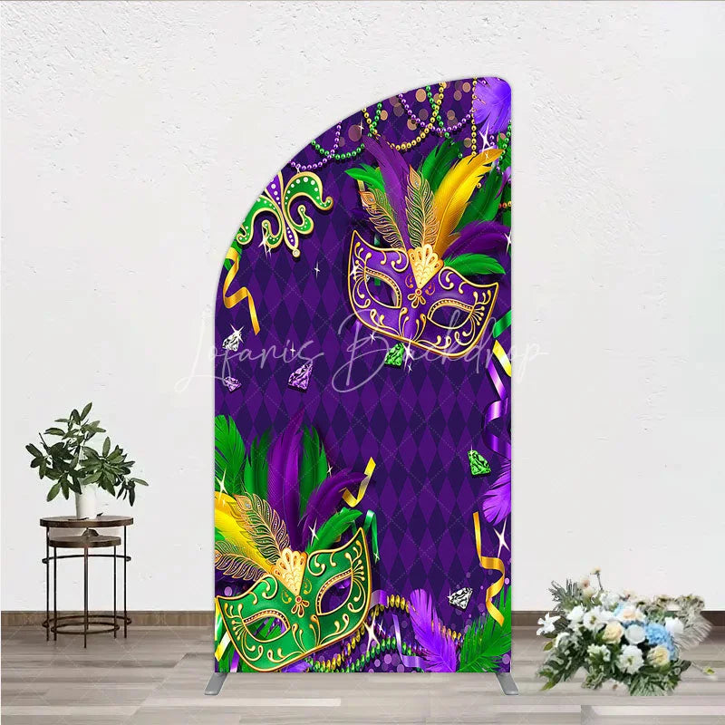 Lofaris Mardi Gras Masquerade Mask Half Moon Arch Backdrop Kit Festive Carnival Party Decor Purple and Gold Feather Theme