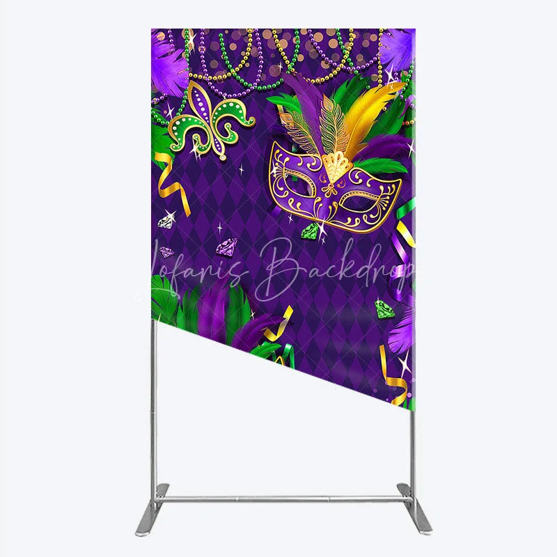 Lofaris Mardi Gras Masquerade Mask Rectangle Backdrop Kit Festive Carnival Party Decor Purple and Gold Feather Theme